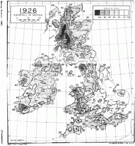 Black and white line drawing map of the British Isles from 1926 showing areas of greater rainfall as black.